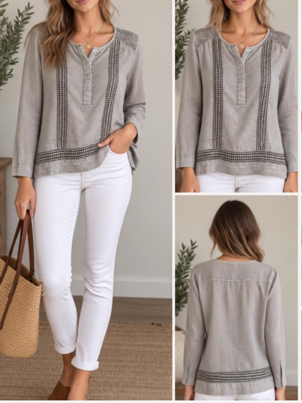 Artisan NY Women’s Gray Linen-Blend and lace Boho Tunic Blouse – Size M